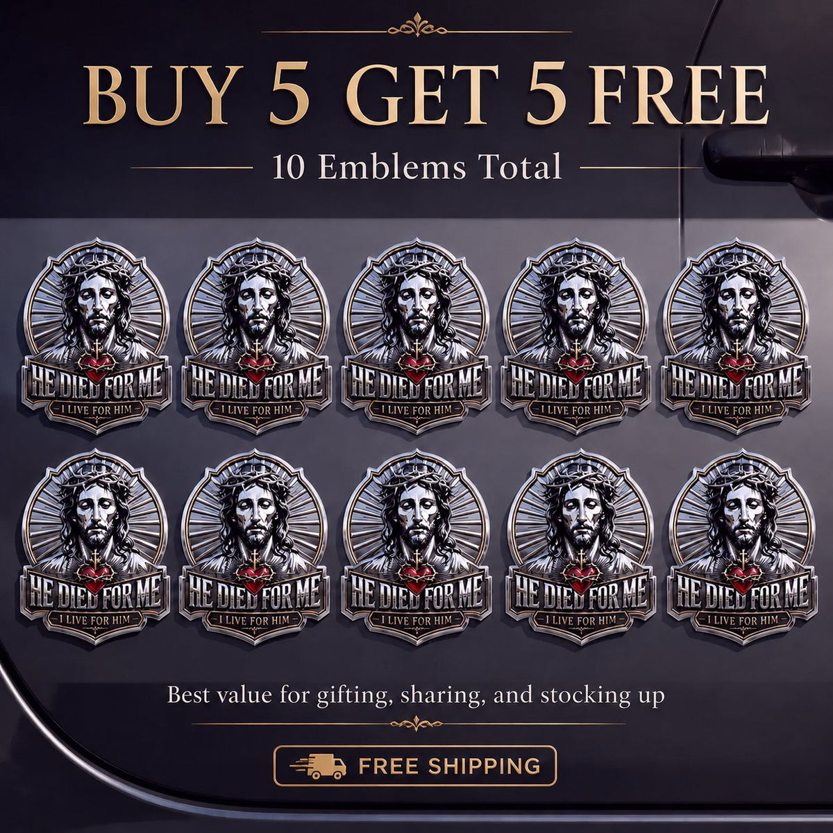 ❤️He Died For Me 3D Metal Emblem ✝️ | Waterproof • No Fade • No Rust • Adhesive & Magnetic (2-in-1) 🧲