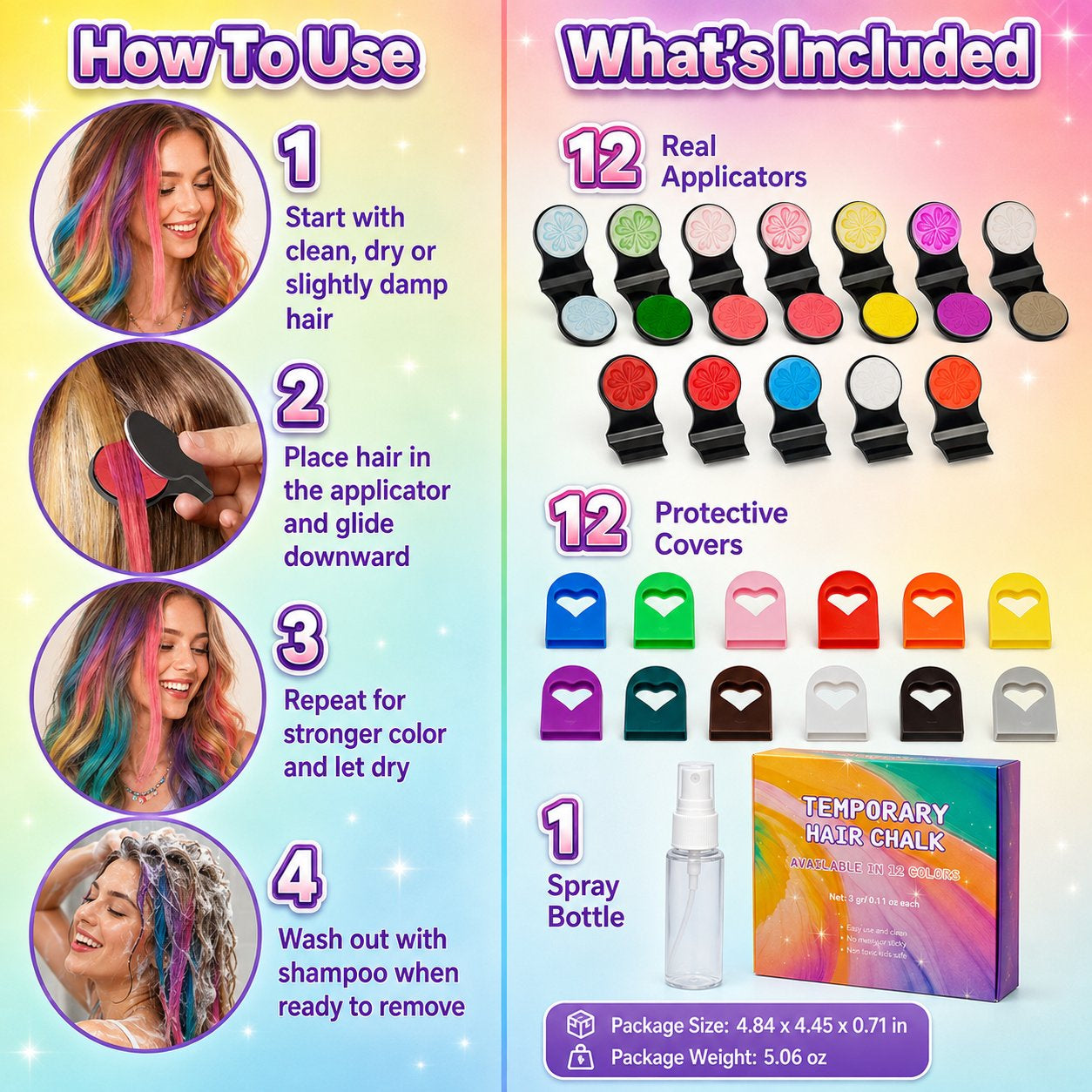 ๐ 12-Color Washable Hair Chalk Styling Applicator Set | Vibrant Buildable Shades in Easy Clamp-On Applicators for Highlights, Streaks & Costume Looks โจ