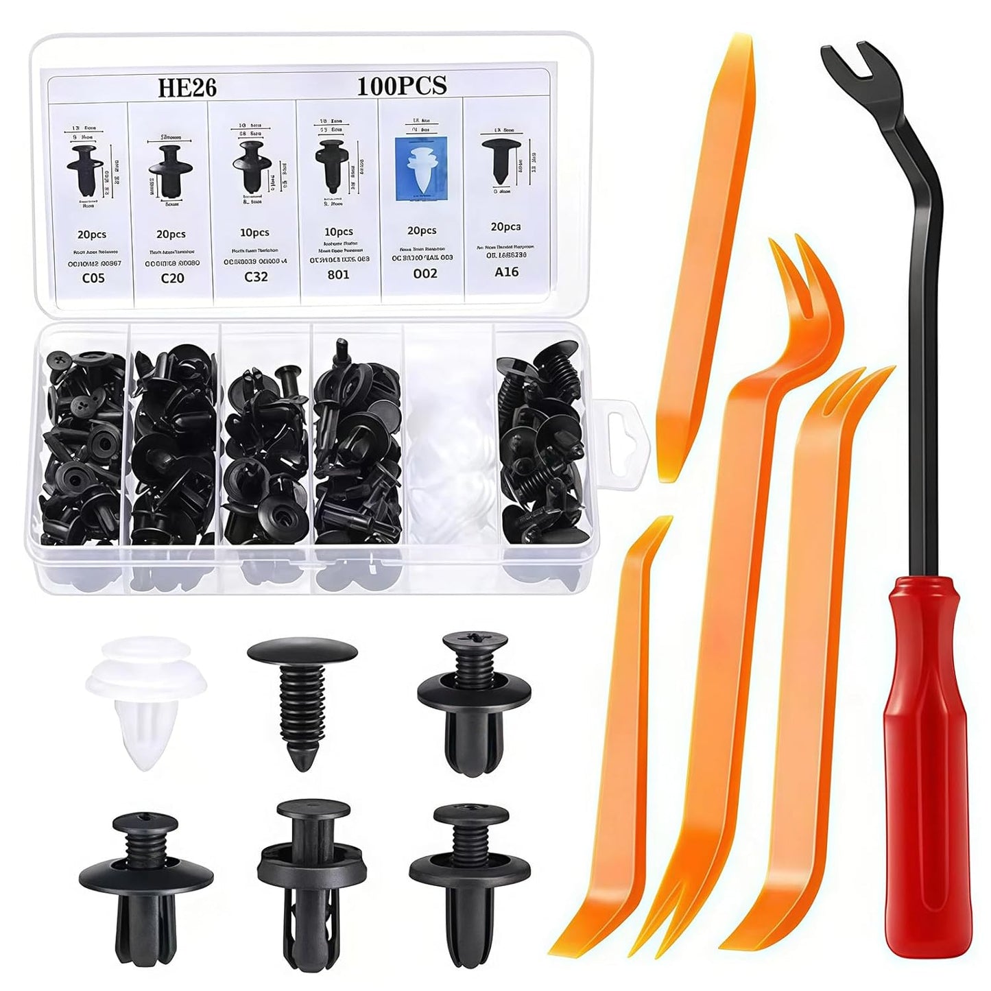 HE26 100 unidades de juego universal de tornillos de expansión para guardabarros de automóviles, placas de hojas, clips de paneles de puertas C05 C20 C32 B01 D02 A16 Accesorios para automóviles