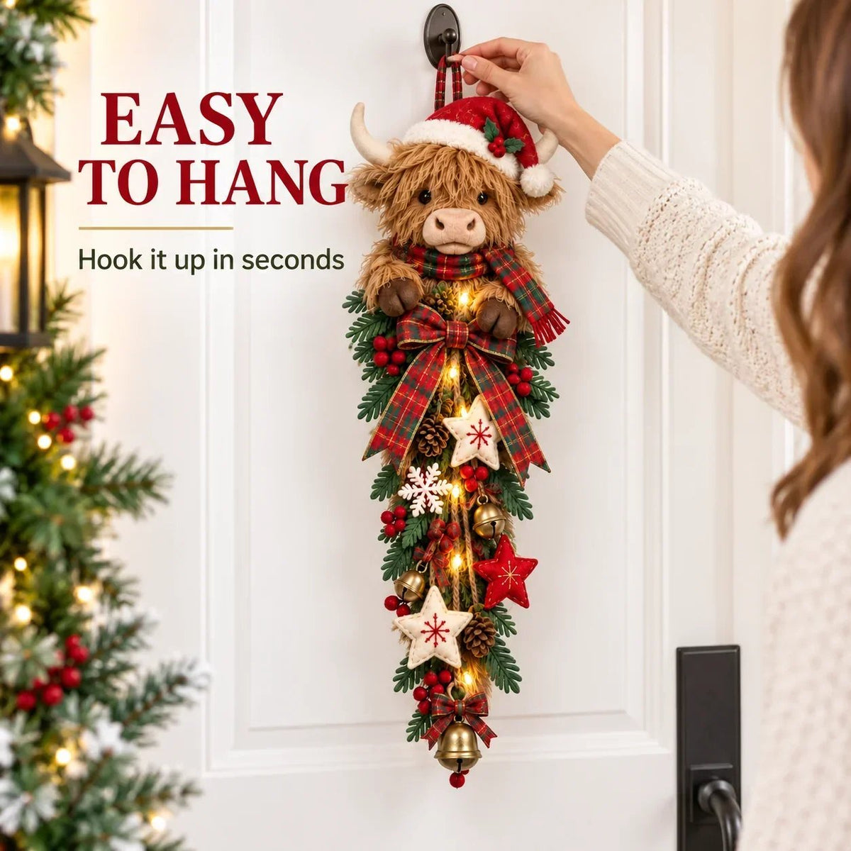 🎄🐮 Lighted Highland Cow Christmas Door Swag – A Cozy Holiday Welcome