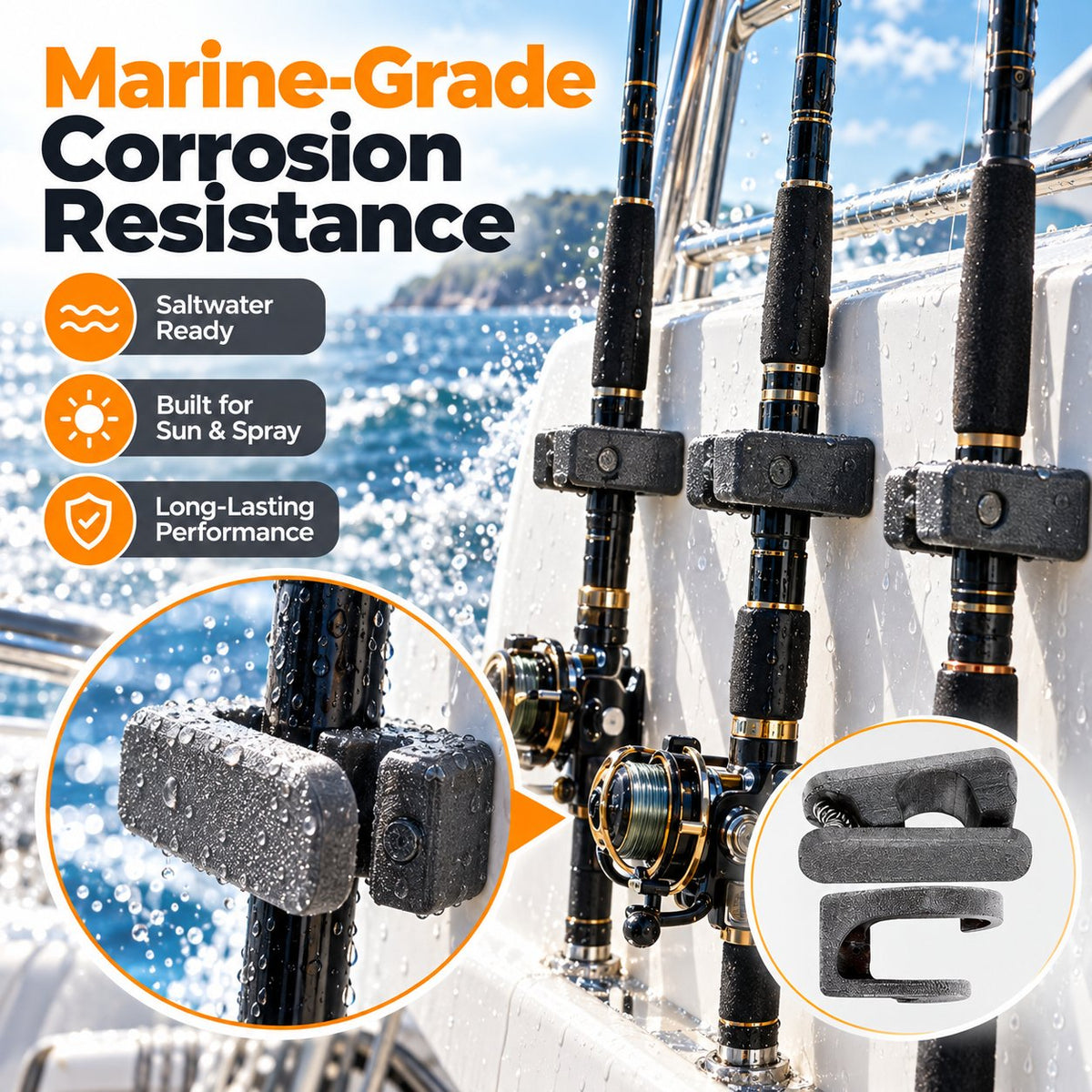 Marine Grade Fishing Rod Mount | Space Saving Wall & Rail Holder