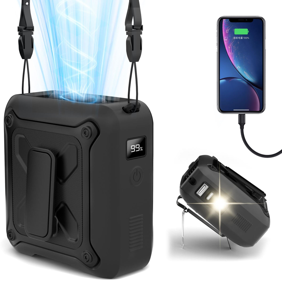 💨 5-in-1 Portable Waist Fan with 14500mAh PowerBank – High-Speed Outdoor Cooling Fan