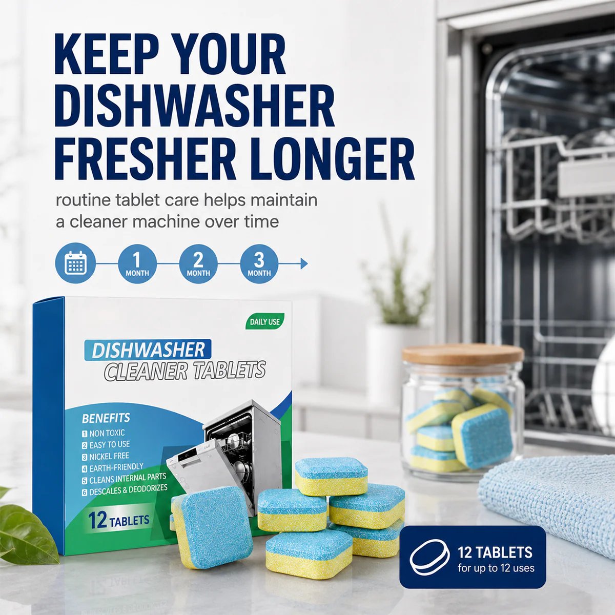 Dishwasher Cleaner Tablets 12-Pack – Descaling & Deodorizing Pods for Limescale, Calcium Buildup & Odor Control