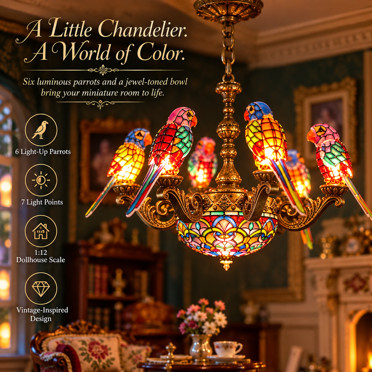 🦜✨ Prism Perch – Lighted Parrot Chandelier for 1:12 Dollhouses