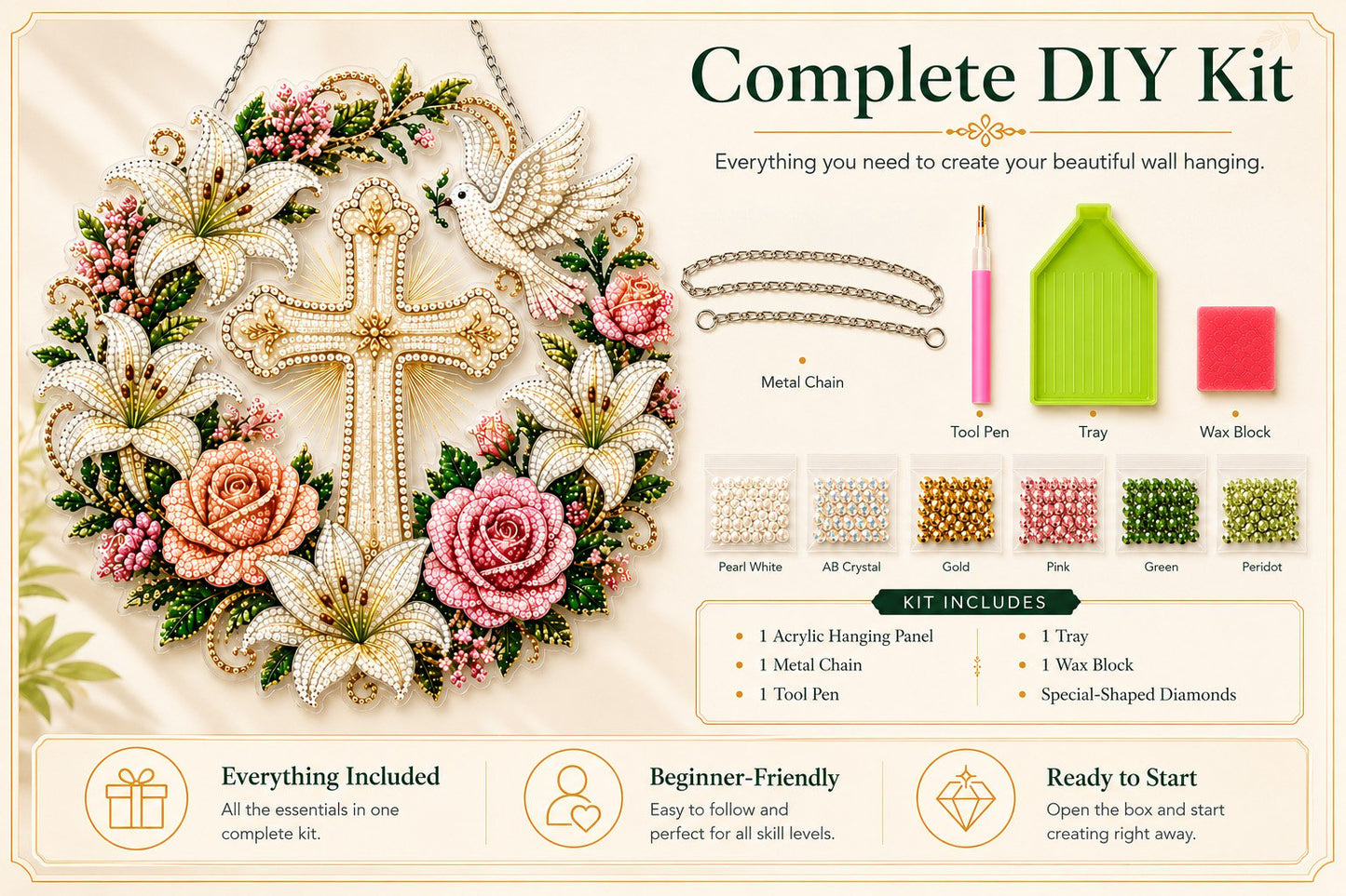 โ๏ธ๐ Cross, Flowers & Dove Diamond Art Hanging Ornament Kit โ A Relaxing DIY Craft Filled with Faith & Peace โจ๐