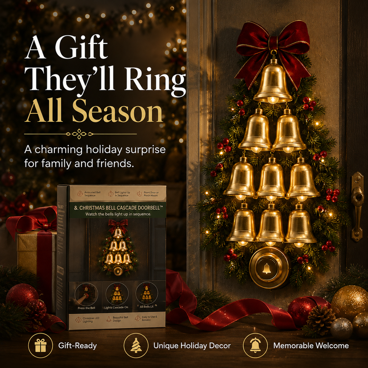 π Christmas Bell Cascade Doorbell β Light-Up Holiday Chime Door Decor π