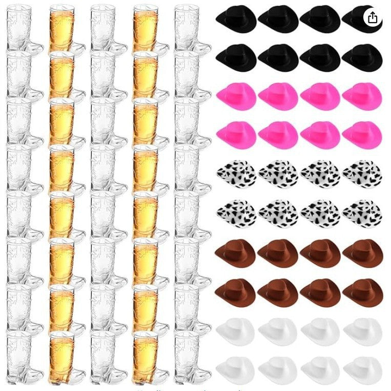 🤠 40-Pack Cowboy Boot Shot Cups with Iridescent Hats – Western Party Set