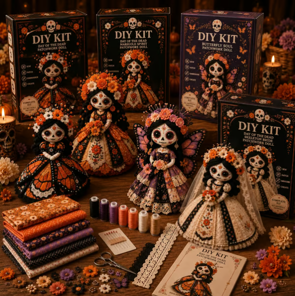 🌼 Day of the Dead-Inspired Skeleton Bride DIY Kit – Handmade Patchwork Doll