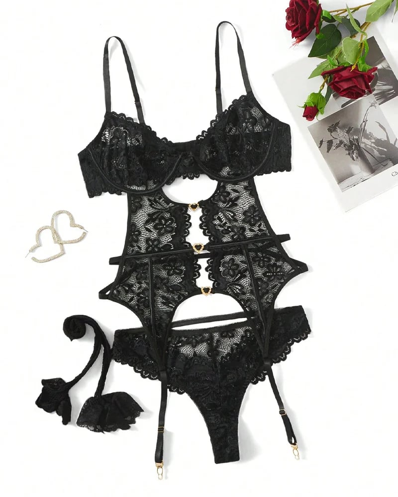 🔥✨Women's Sexy Floral Lace Mesh Bodysuit with Fishnet Stockings Set✨