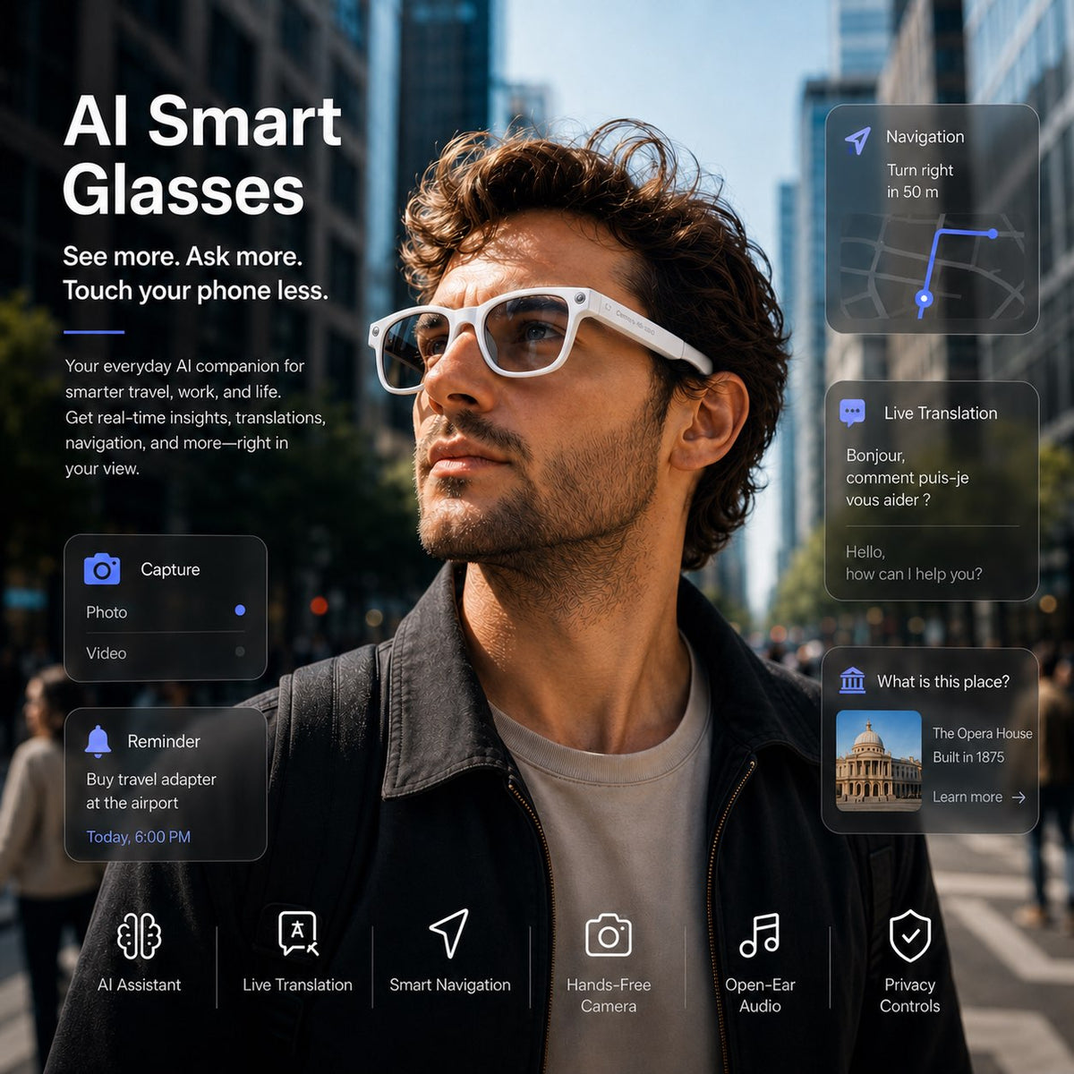 π 50% OFF AI Smart Glasses π₯ 4K POV Camera | Multi-Language Translation & AR Navigation-H