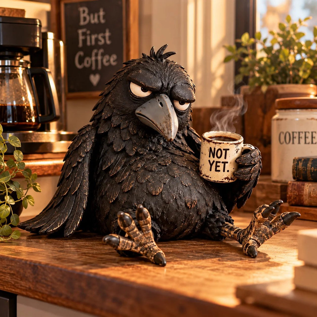 🐦⬛☕️Grumpy Coffee Raven Figurine – “Not Yet” Funny Morning Decor✨
