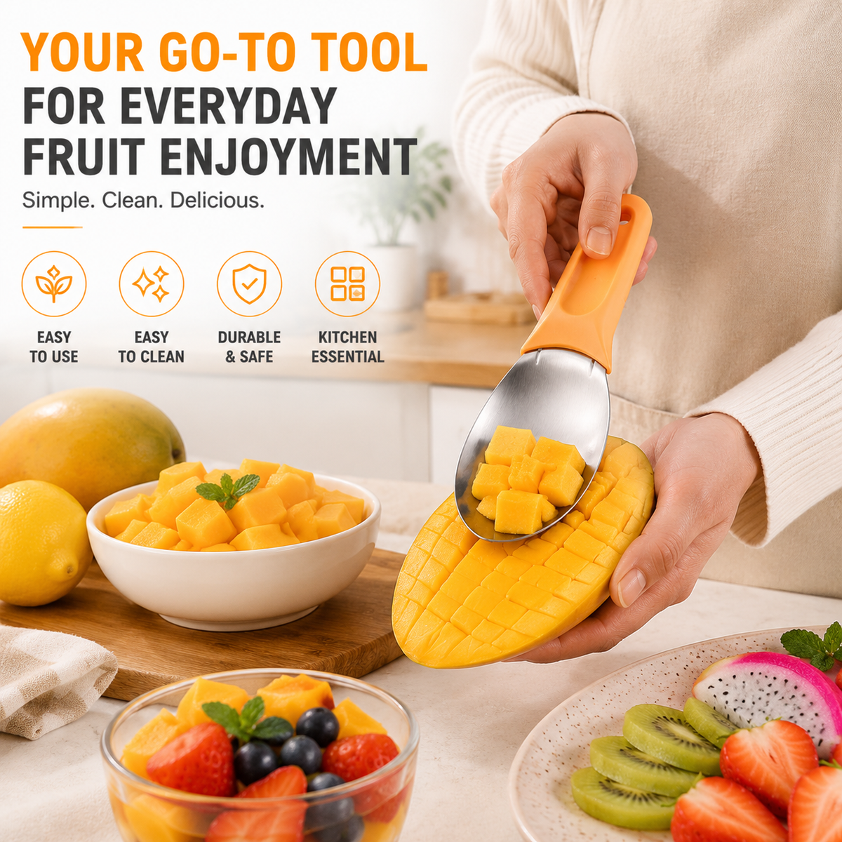 π₯ 3-in-1 Fruit Cutter & Scoop Tool β Easy Mango Slicer, Fruit Separator & Serving Spoon for Quick Fruit Preparation