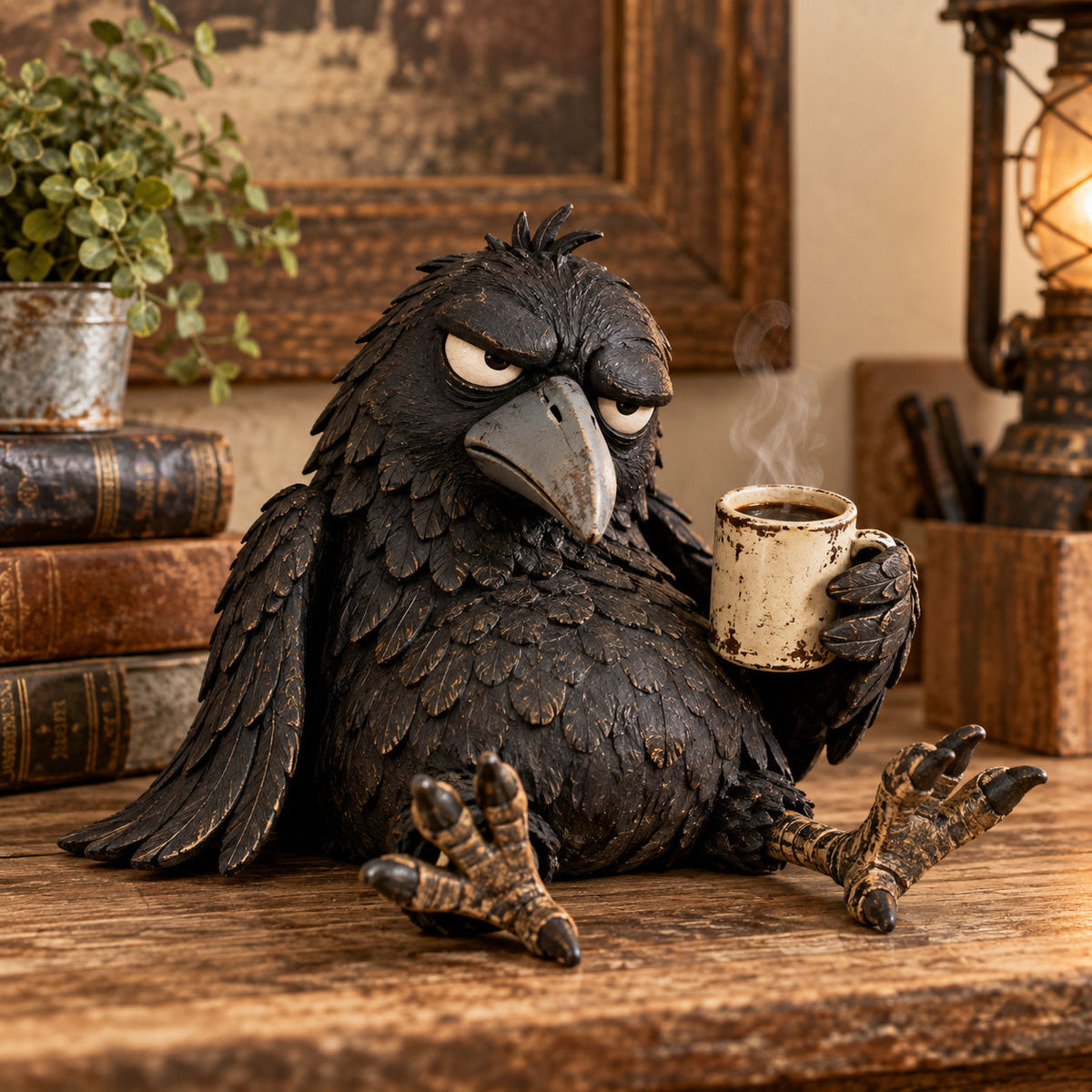 π€ Rustic Vintage Raven Figurine with Coffee Mug β Grumpy Crow Farmhouse Tabletop Decor
