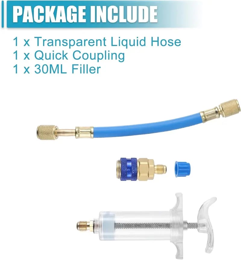 Kit Inyector de 30ml de Aceite y Tinte para AC – Conexión Rápida para Sistemas Automotrices y de HVAC