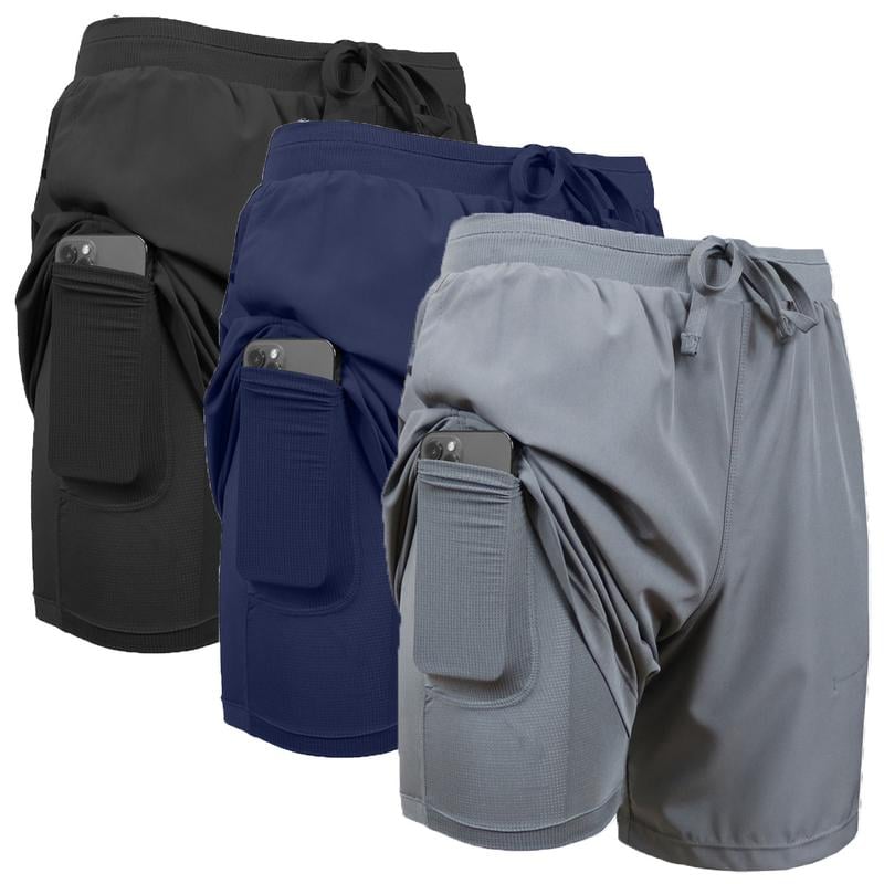Paquete de 3 shorts deportivos para hombre 2 en 1 de secado rápido, elásticos, con forro interior