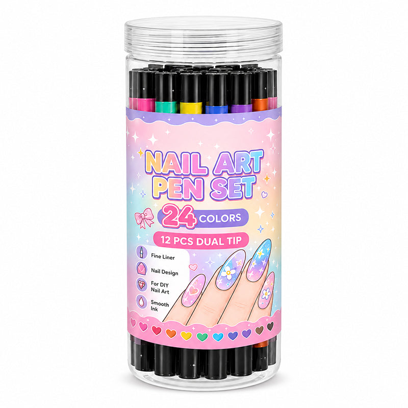 ⏳LAST DAY SALE | 50% OFF!!💕🎁24 Shades Dual-Tip Nail Art Marker Kit, Quick-Dry Painting Pens For DIY Nail Designs💅
