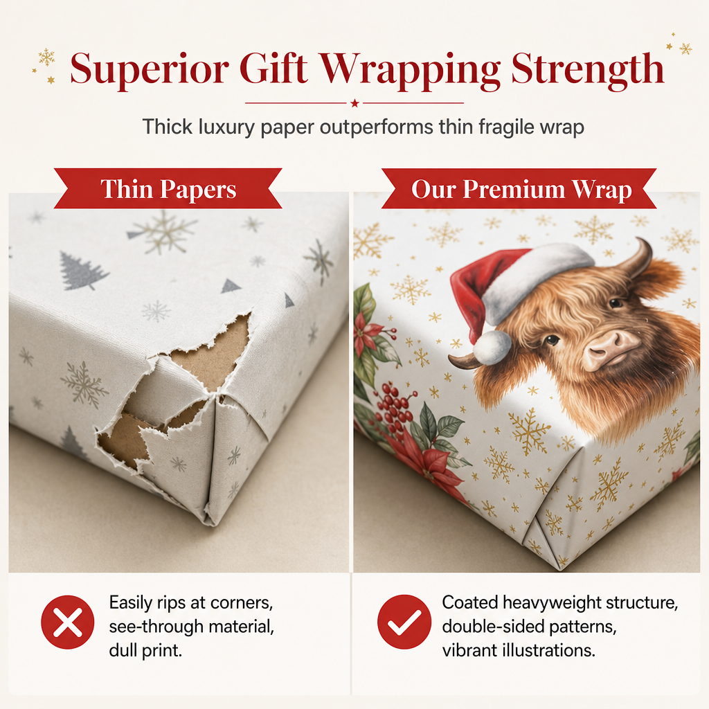 ⏳🔥LIMITED-TIME 50% OFF! ⏰🐮 Reversible Christmas Highland Cow Gift Wrapping Paper Roll – Thick Tear‑Resistant Craft Paper, 2 Festive Designs in 1 Roll (43cm×3m) 🎄🎁