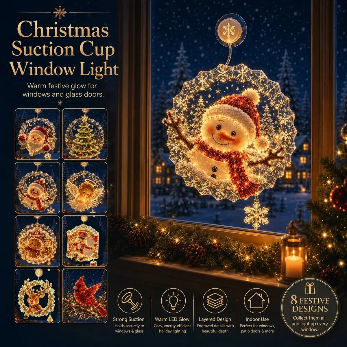 ✨🎄Lighted Christmas Window Decoration with Suction Cup | Flat Version Warm LED Window Light with Double-Layer Design & Multiple Festive Styles✨