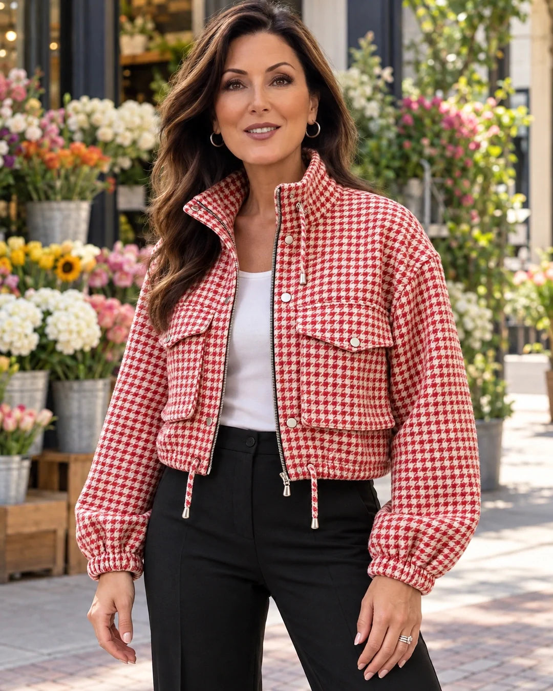 Vintage Houndstooth Stand Collar Zip Jacket