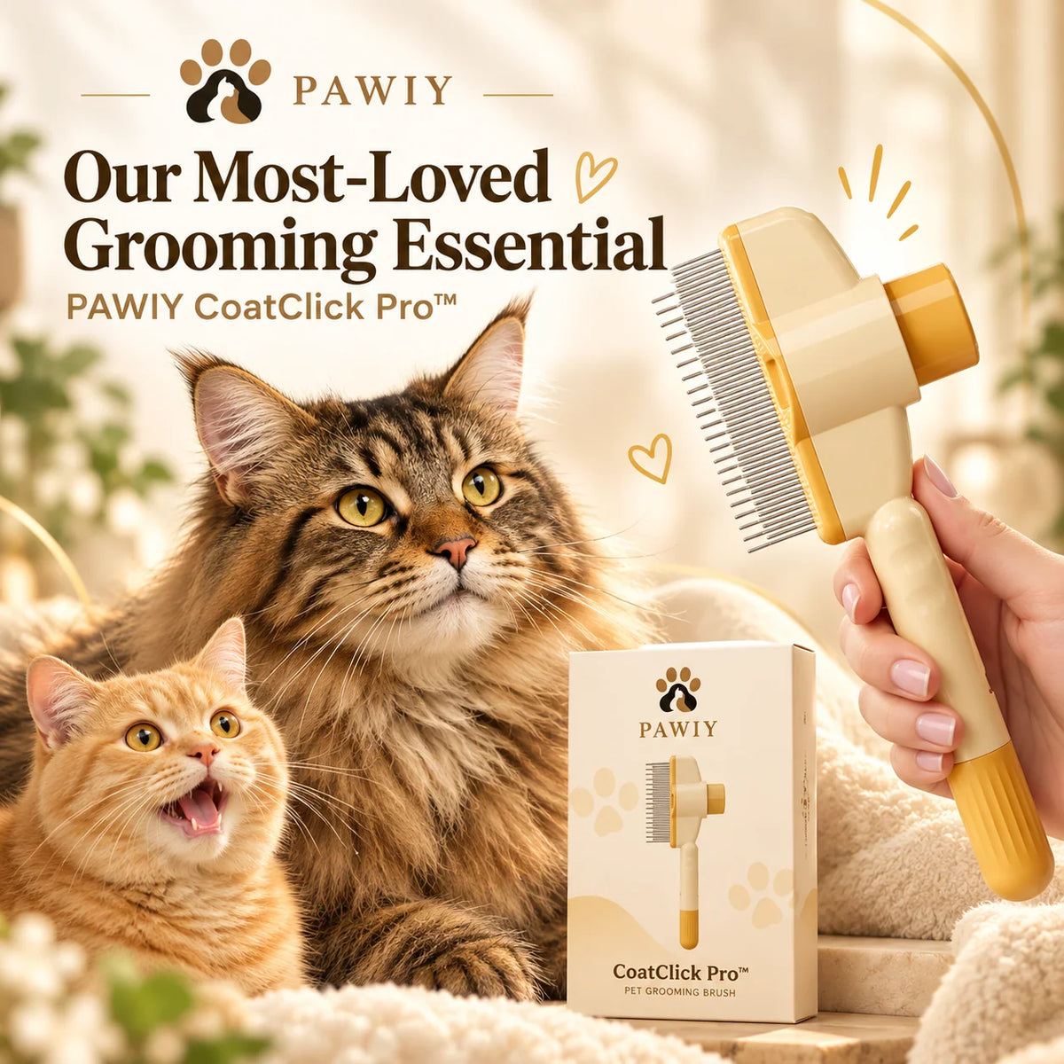 PAWIY CoatClick Pro yellow self-cleaning brush with two cats and product packaging