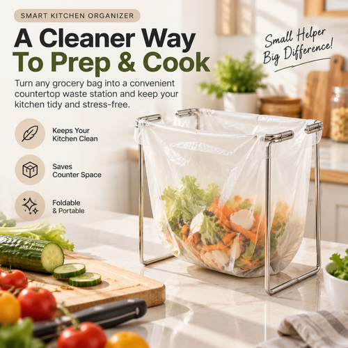 🗑️ HOT SALE | Foldable Countertop Trash Bag Holder – Stainless Steel Kitchen Waste Rack for Grocery Bags & Food Scraps