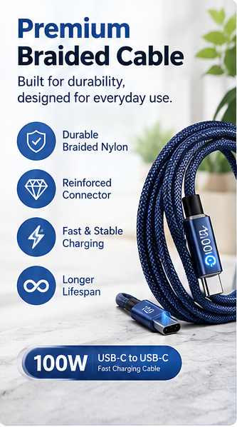 Charge Any Device Instantly! No-Overcharge 100W Braided Cable