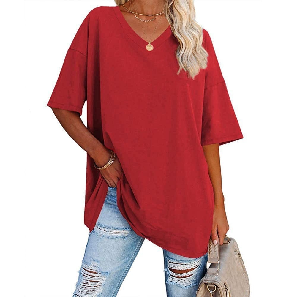 👚 Camisetas de manga corta de algodón de talla grande con cuello en V para mujer, corte holgado informal, tops tipo túnica 💖