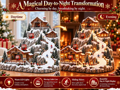Animated Christmas Mountain Cable Car & Ski Village Scene ✨20cm