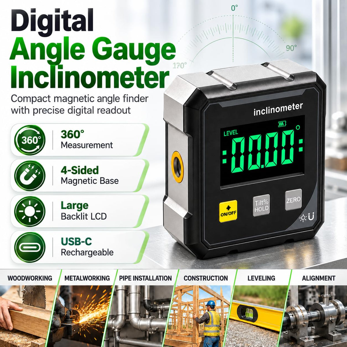 📐 Digital Angle Finder with Laser – 4-Side Magnetic Base, 4×90° Measurement & Large LED Display