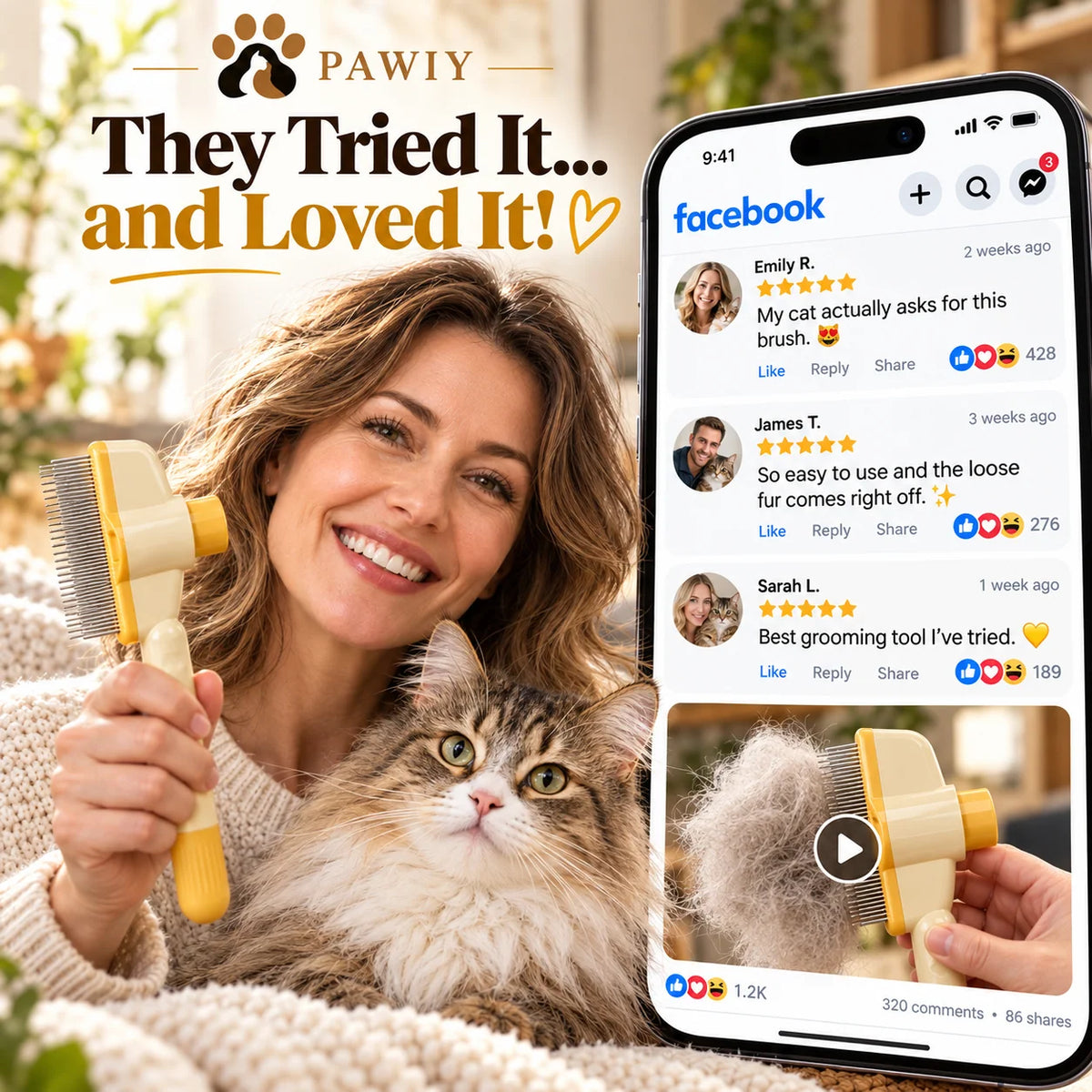 PAWIY CoatClick Pro cat grooming results and customer feedback graphic