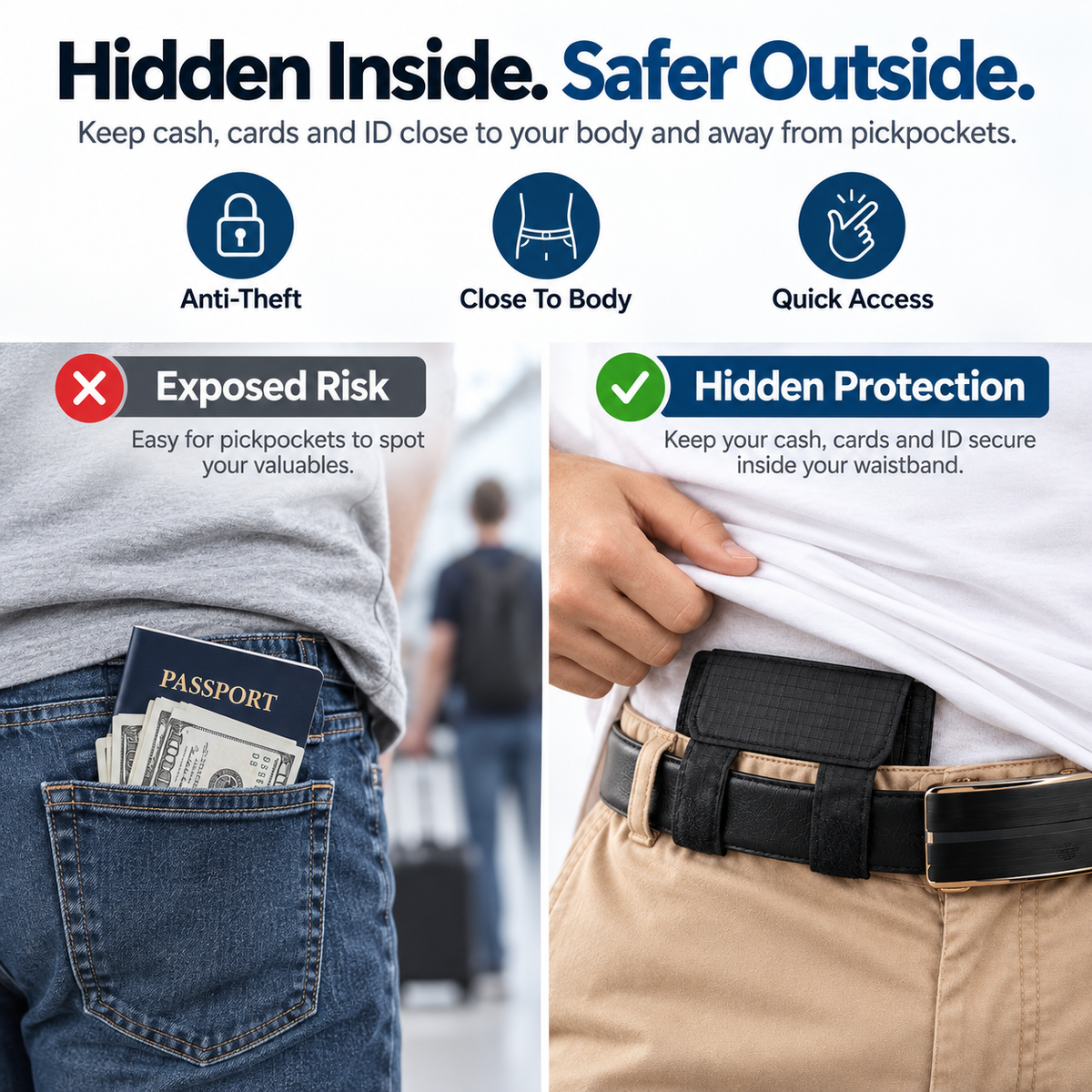 🔒 DISCREET TRAVEL ESSENTIAL | Hidden Belt Pouch – Under-Clothing Passport, Cash & Card Organizer