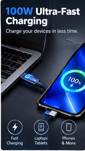 Charge Any Device Instantly! No-Overcharge 100W Braided Cable