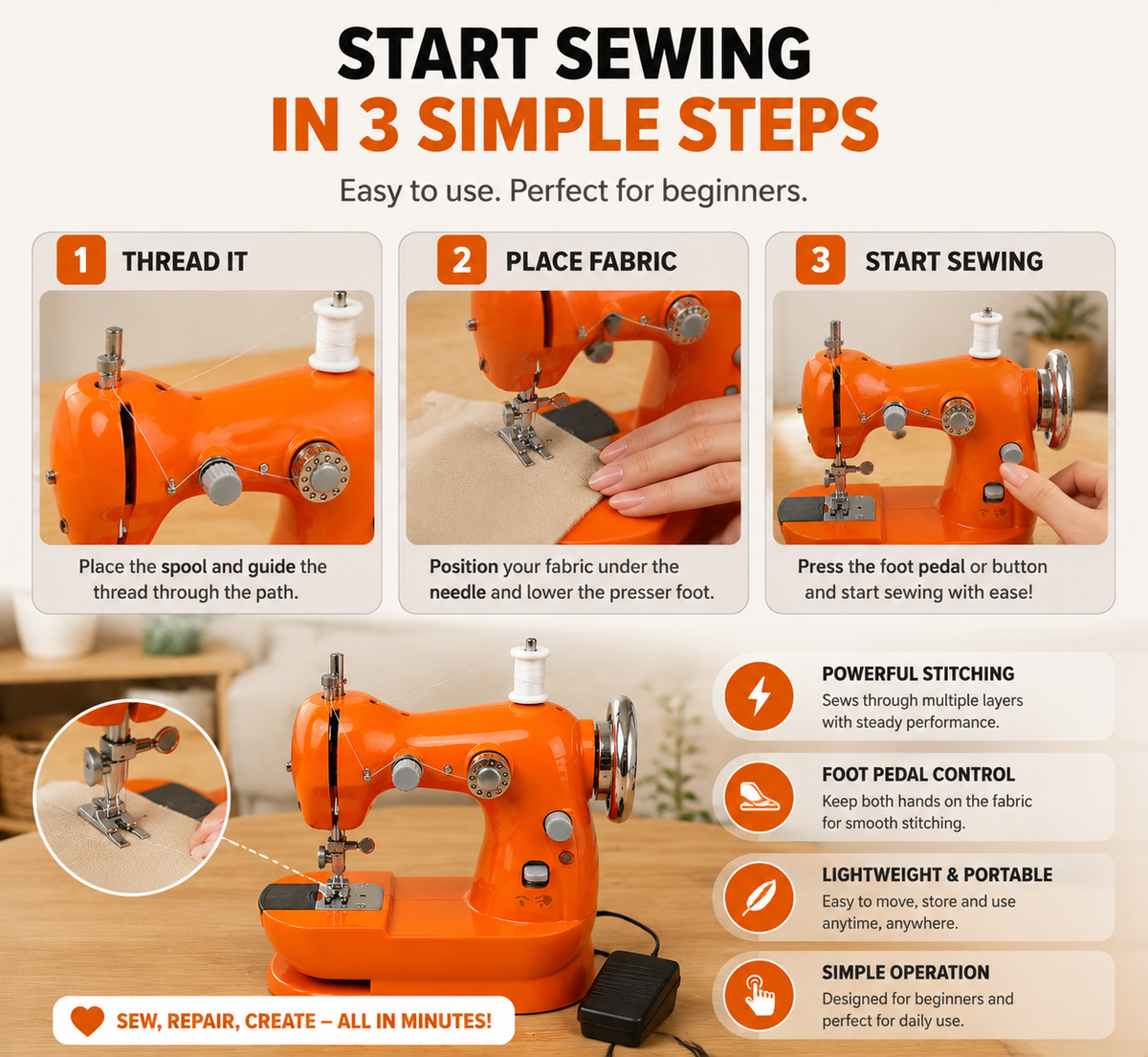 Mini Electric Sewing Machine – Beginner-Friendly Portable Sewing Machine with Foot Pedal for Clothing Repair & DIY Crafts
