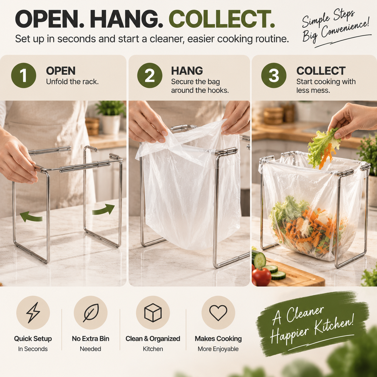 🗑️ HOT SALE | Foldable Countertop Trash Bag Holder – Stainless Steel Kitchen Waste Rack for Grocery Bags & Food Scraps