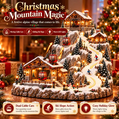 Animated Christmas Mountain Cable Car & Ski Village Scene ✨20cm