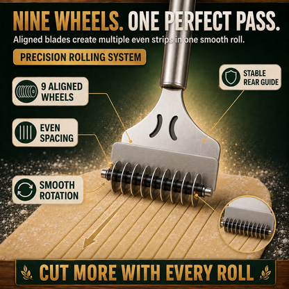 Stainless Steel 9-Wheel Rolling Noodle Cutter – Fast, Even Homemade Pasta Strips