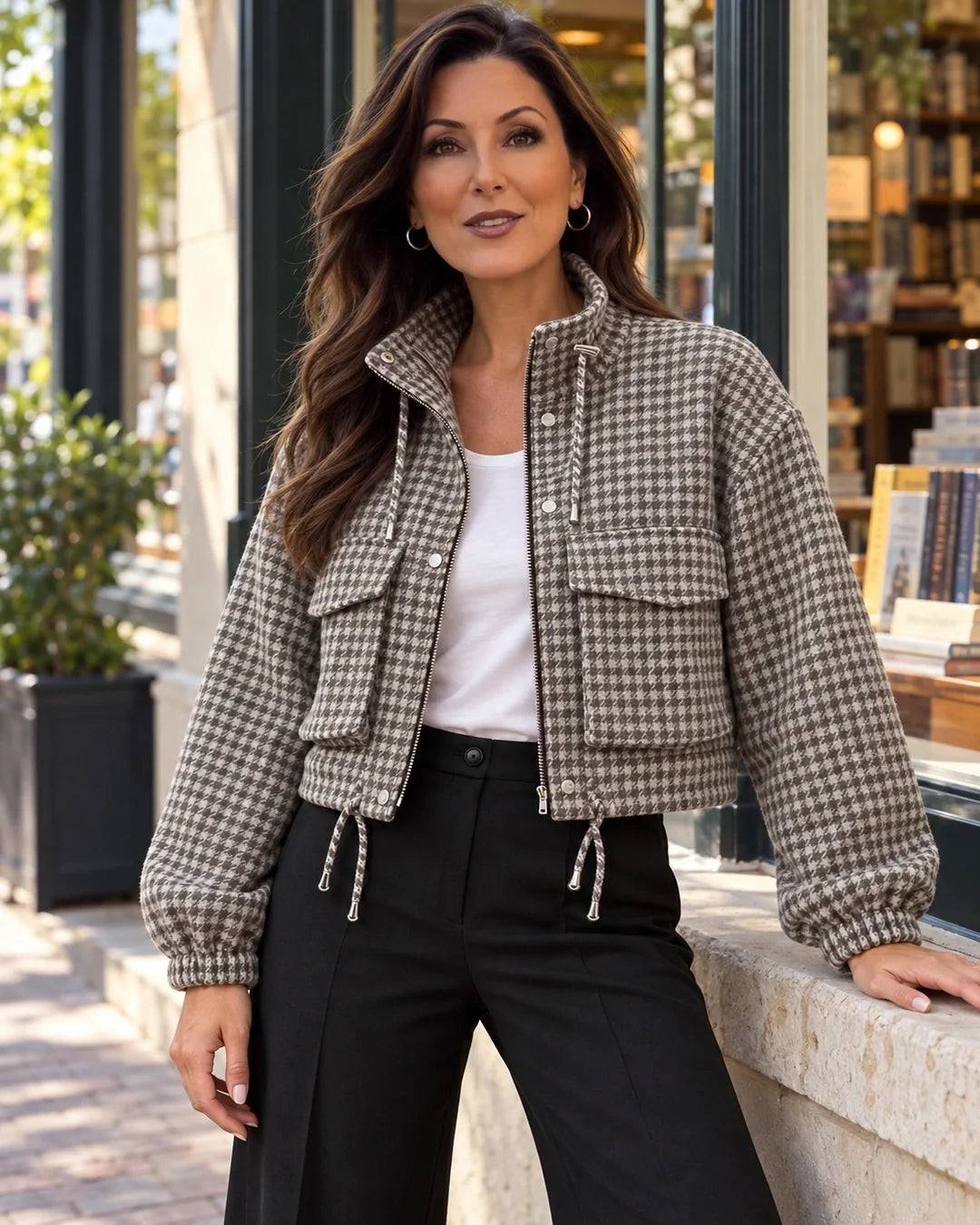 Vintage Houndstooth Stand Collar Zip Jacket