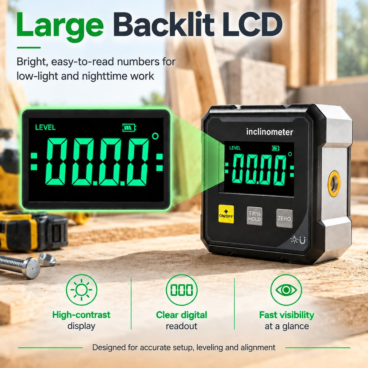 📐 Digital Angle Finder with Laser – 4-Side Magnetic Base, 4×90° Measurement & Large LED Display
