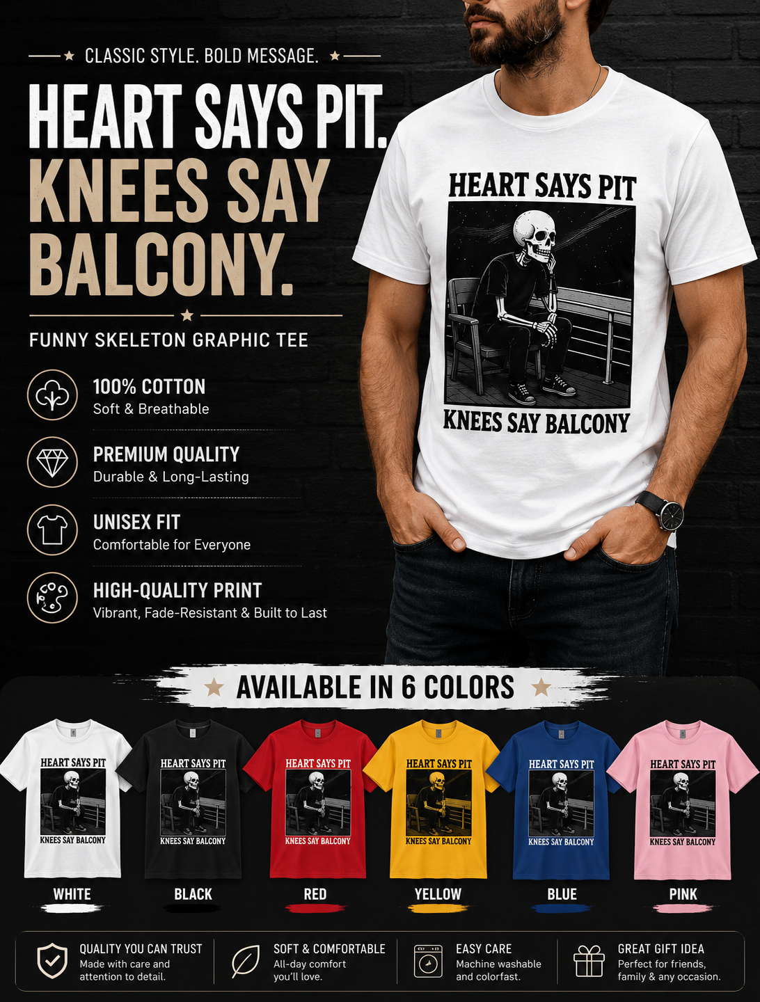 Heart Says Pit, Knees Say Balcony Tee