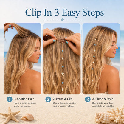 🎉🌊⭐Beachy Mermaid Hair Accent Clip (Featuring blue bead accents, starfish, and shell charms)
