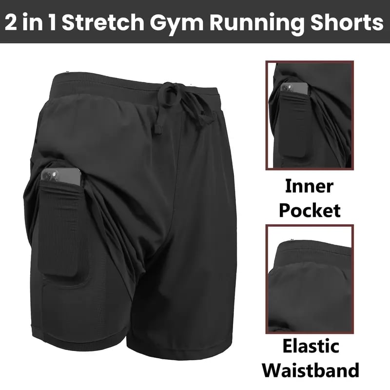 Paquete de 3 shorts deportivos para hombre 2 en 1 de secado rápido, elásticos, con forro interior