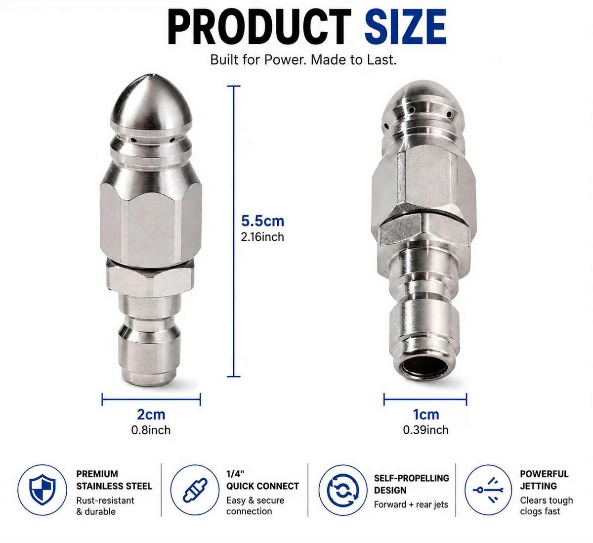 Stainless Steel Sewer Jetter Nozzle – 1/4' Quick Connect Drain Cleaning Attachment for Pressure Washers