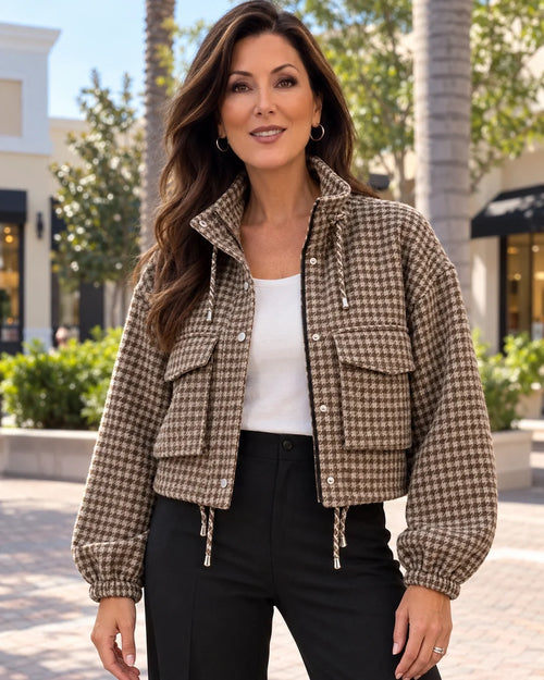 Vintage Houndstooth Stand Collar Zip Jacket