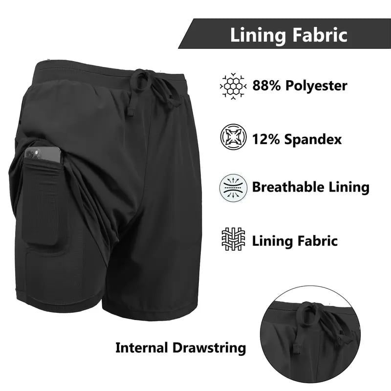 Paquete de 3 shorts deportivos para hombre 2 en 1 de secado rápido, elásticos, con forro interior