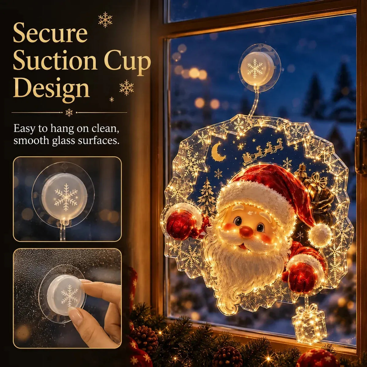 ✨🎄Lighted Christmas Window Decoration with Suction Cup | Flat Version Warm LED Window Light with Double-Layer Design & Multiple Festive Styles✨