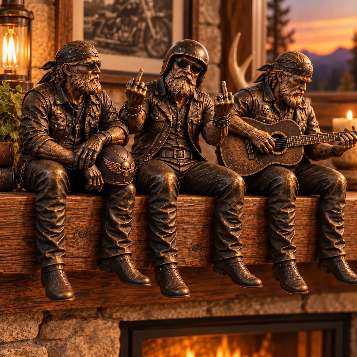 ⏳ Last Day 49% OFF – 🏍️ Old Biker Soul Shelf Sitter | 5 Rustic Rider Designs with Antique Bronze-Look Finish 🤎