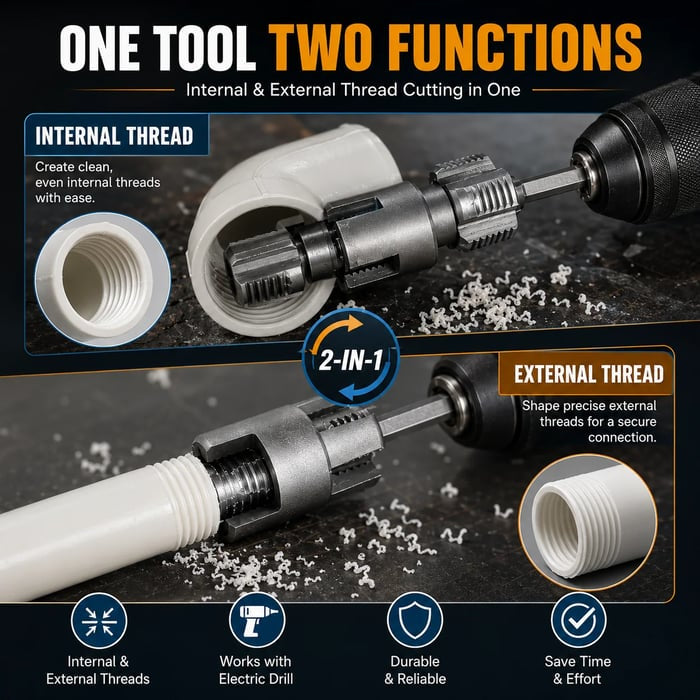💯Drill-Powered Pipe Thread Cutting Bit — Internal & External Threading for 1/2' & 3/4' Plastic Pipes