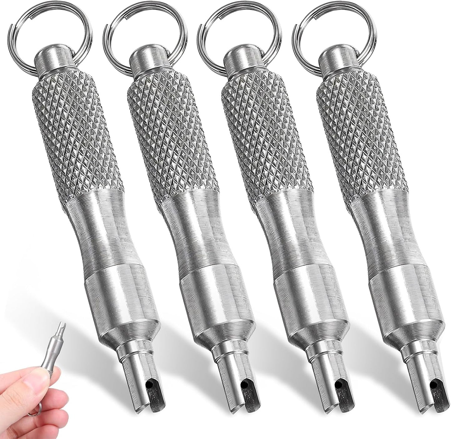 🔧 Paquete de 4 herramientas de extracción de núcleos de válvula de acero inoxidable | Kit portátil de reparación de neumáticos con llavero
