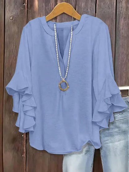 🔥Camisa de manga con volantes y cuello en V para mujer de talla grande, elegante diseño floral, cómoda y con estilo, perfecta para uso casual