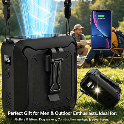 💨 5-in-1 Portable Waist Fan with 14500mAh PowerBank – High-Speed Outdoor Cooling Fan